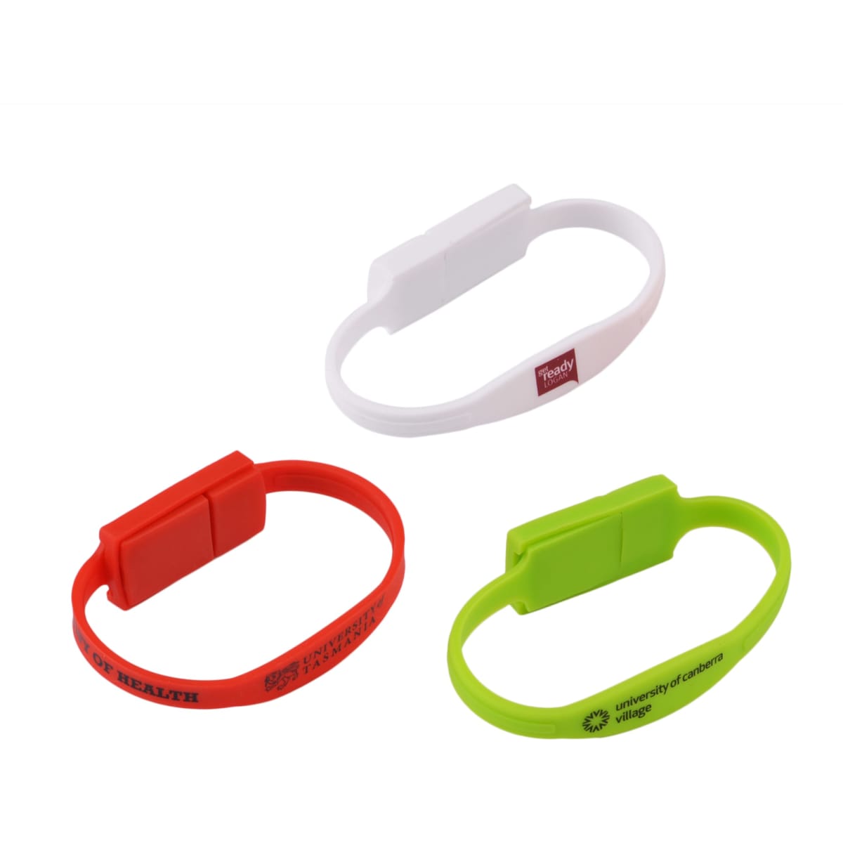 A collection of slim silicone wristband flash drives in red, white, and green, featuring various logos.