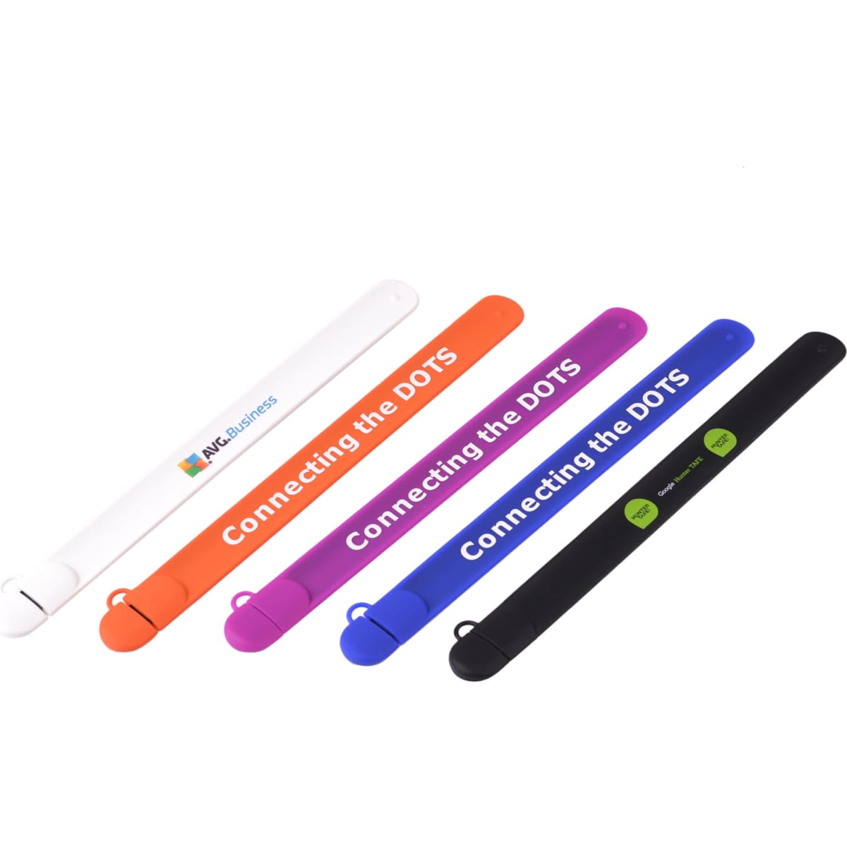 A set of five silicone slap band flash drives in white, orange, purple, blue, and black, featuring various logos and text.