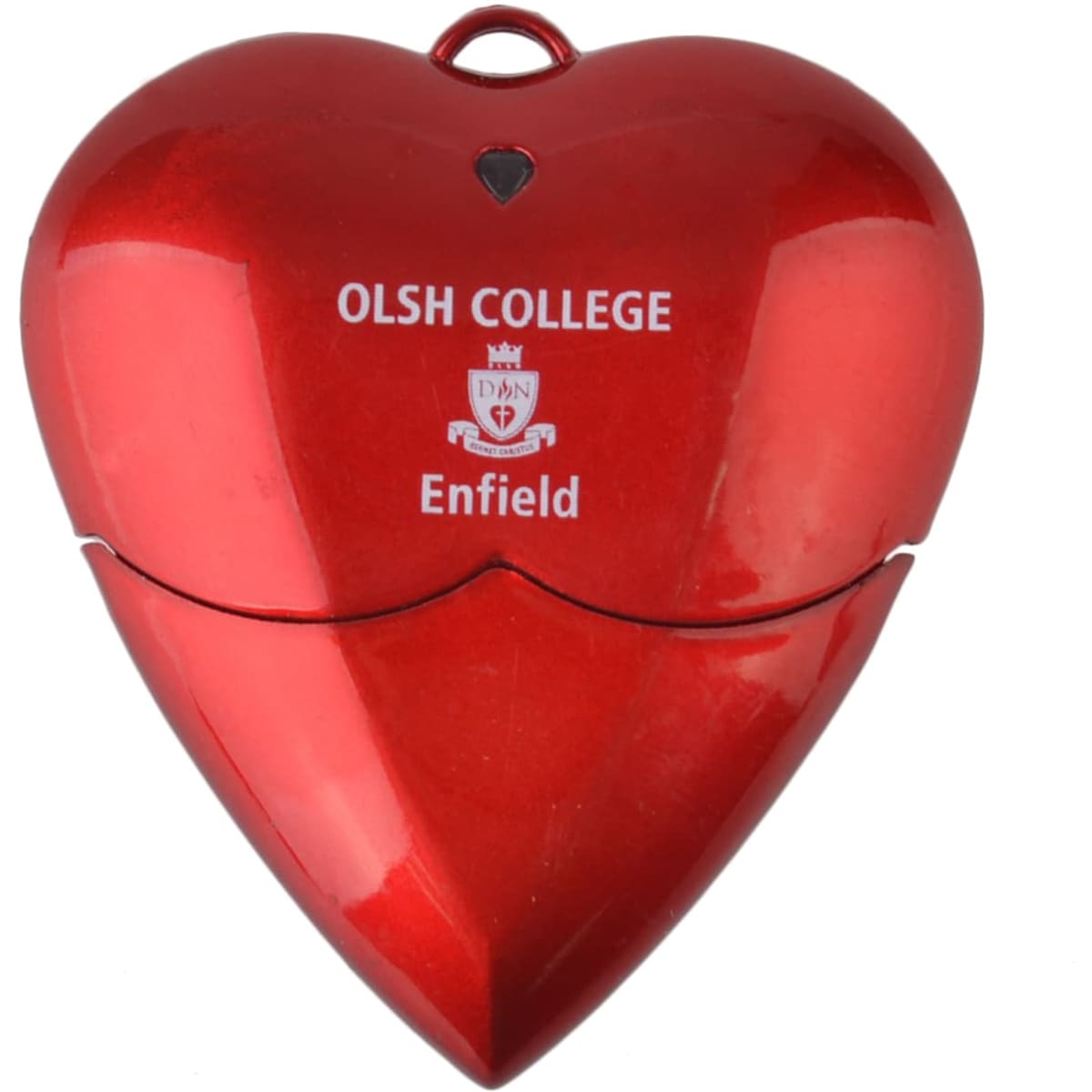 A red heart-shaped USB flash drive with a logo on the front, featuring a smooth, glossy finish.
