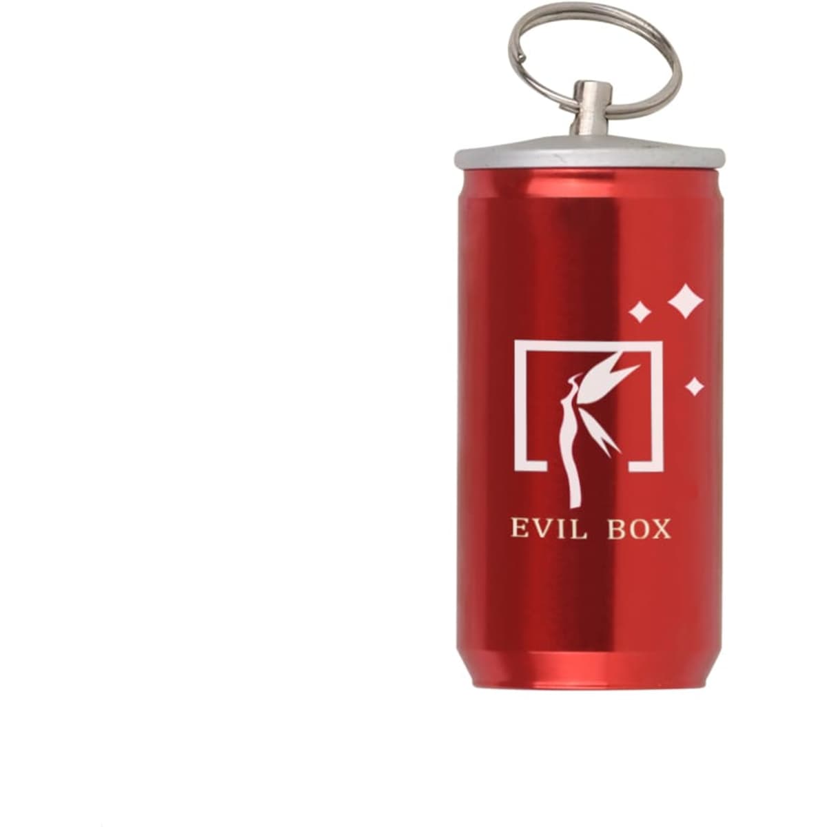 A red can-shaped flash drive with a silver cap and a keyring attachment, featuring a logo on the front.