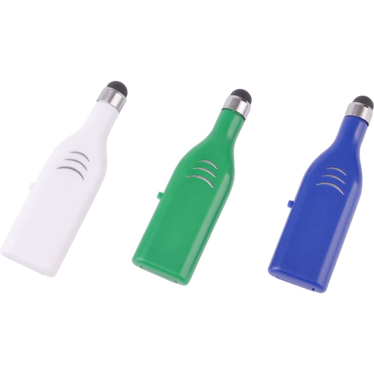 Three stylus flash drives in white, green, and blue, featuring a rounded tip and a small logo on each.