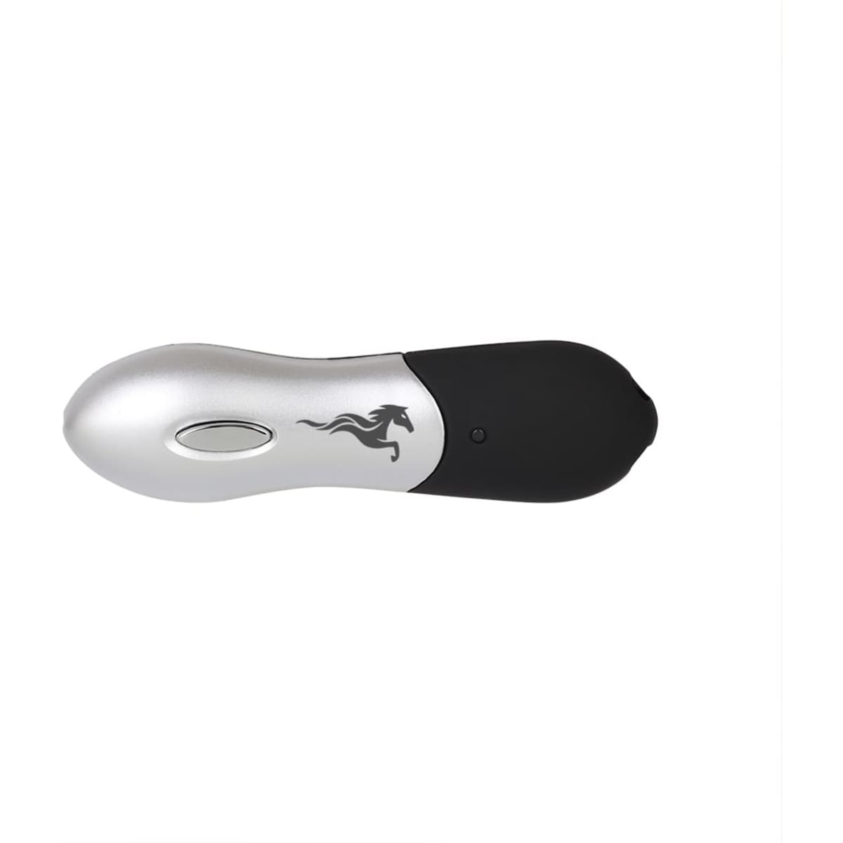 A silver and black laser pointer flash drive featuring a logo, compact in design.
