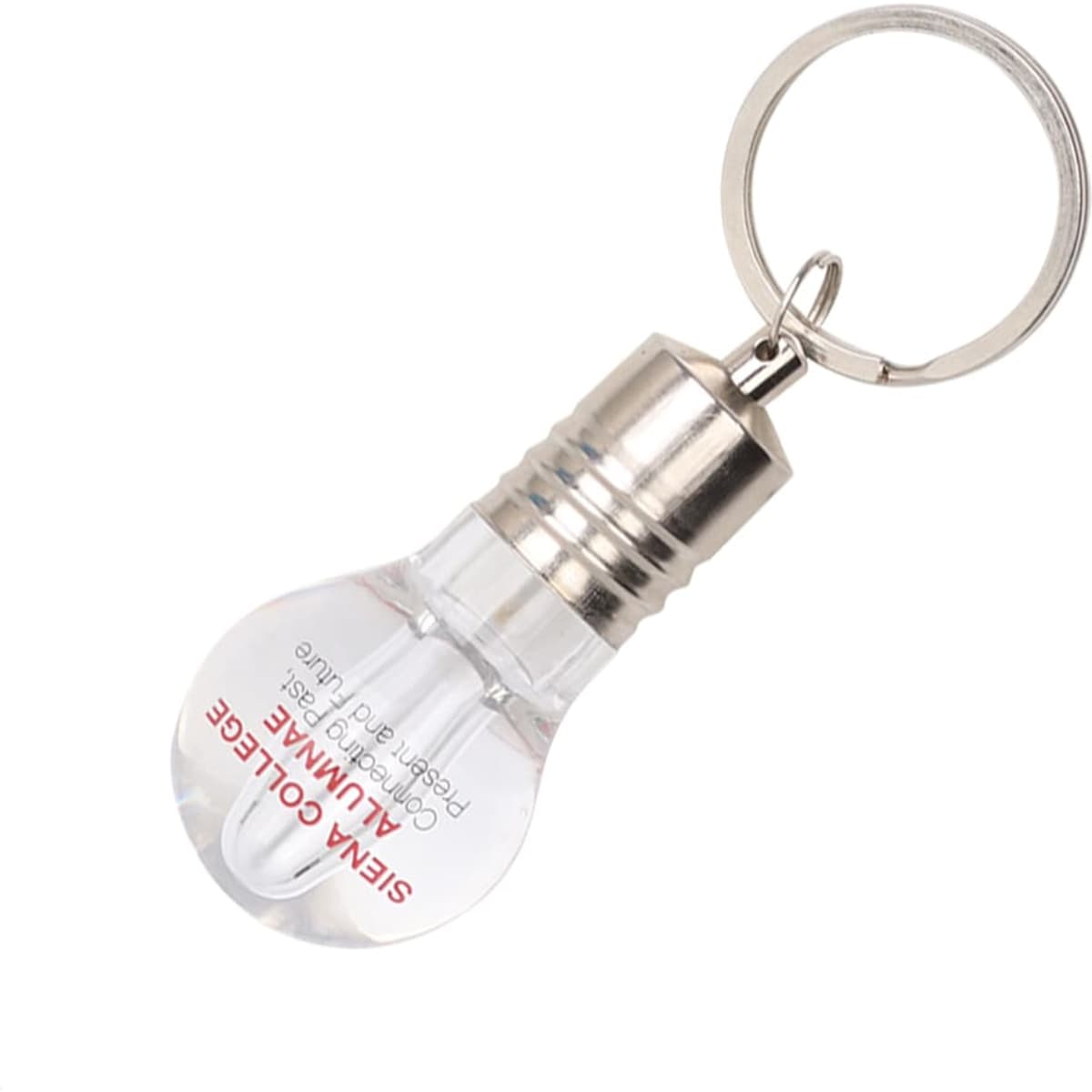 A light bulb-shaped flash drive in clear and silver, attached to a keyring. It features a small logo.