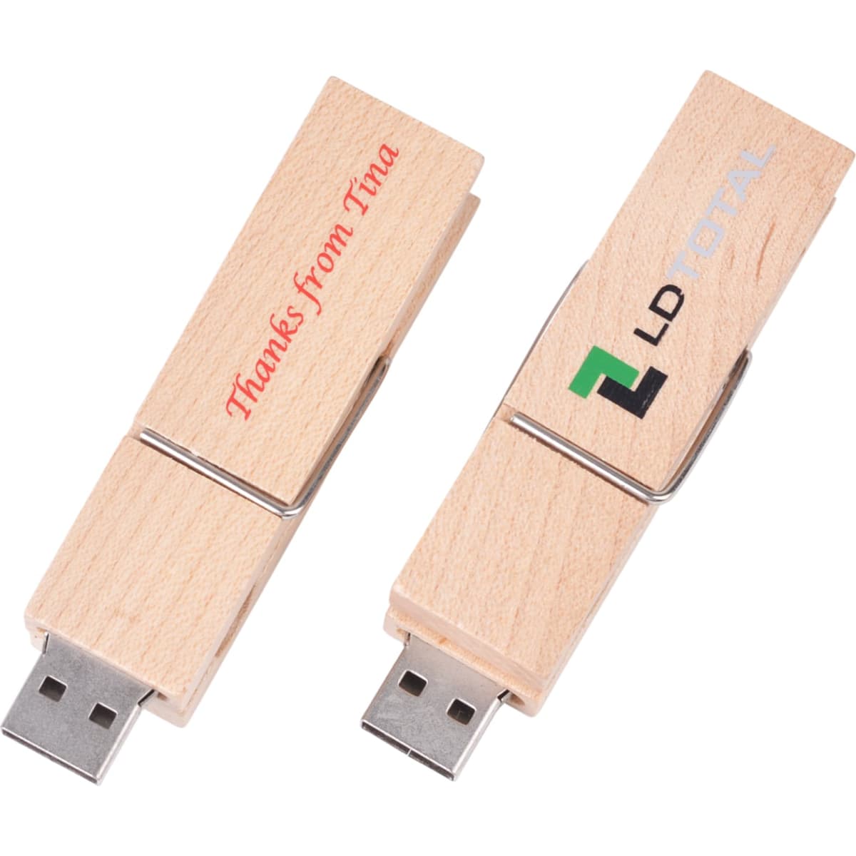 A wooden clip flash drive in light wood with a metal clip, featuring printed text and a logo.