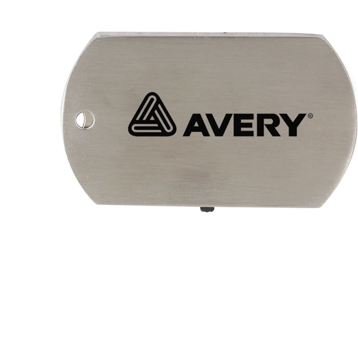 A metallic dog tag flash drive featuring a logo, with a smooth, sleek surface and rounded edges.