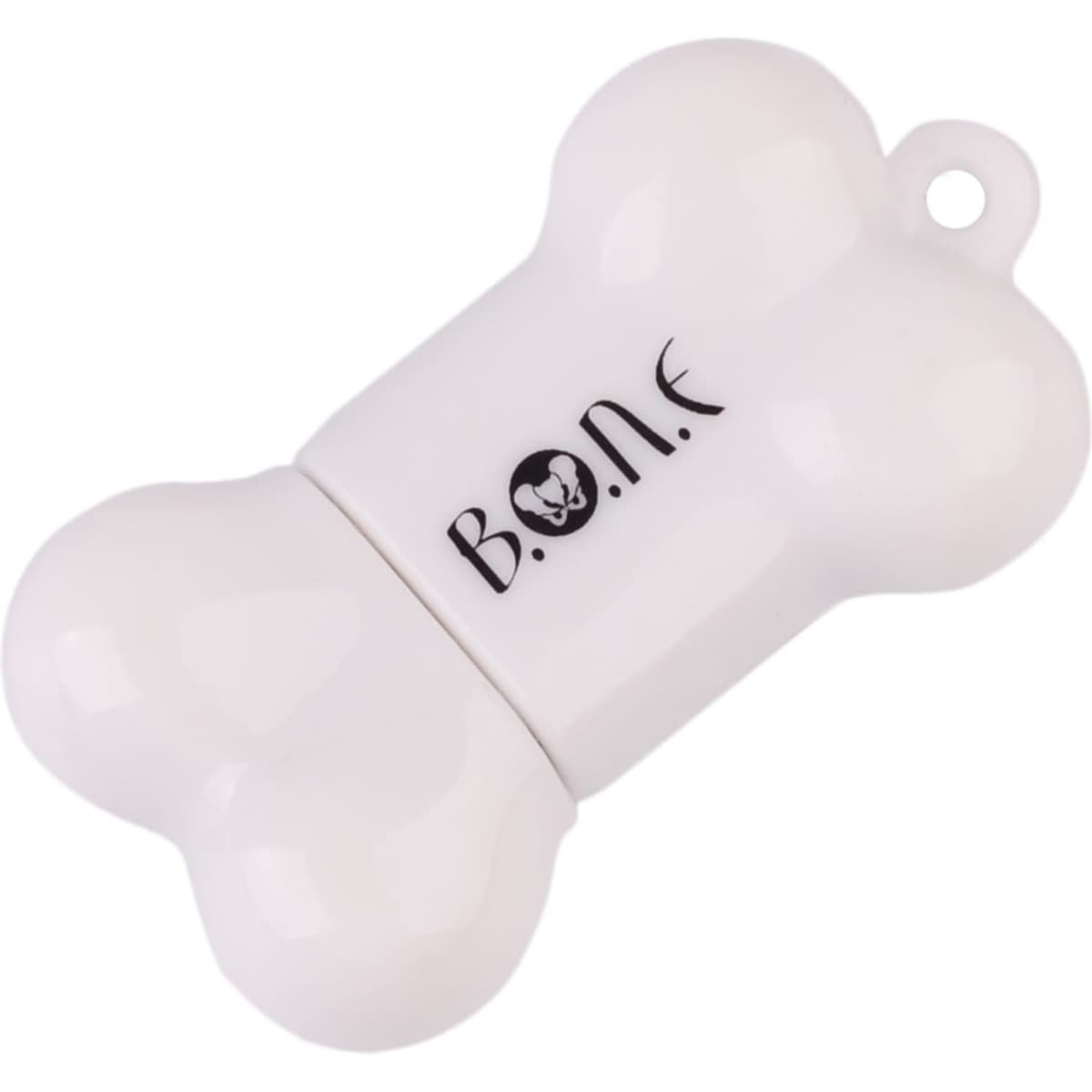 A white bone-shaped flash drive with a logo, featuring a hinged design for storage.