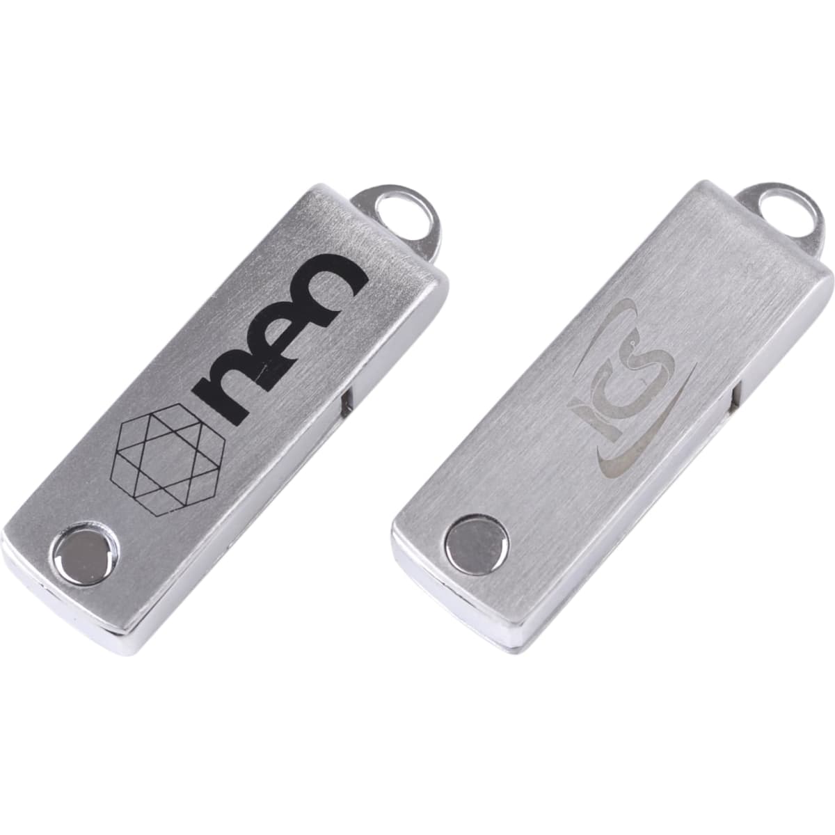 Two metallic flash drives with a smooth finish, featuring different logos on each side.