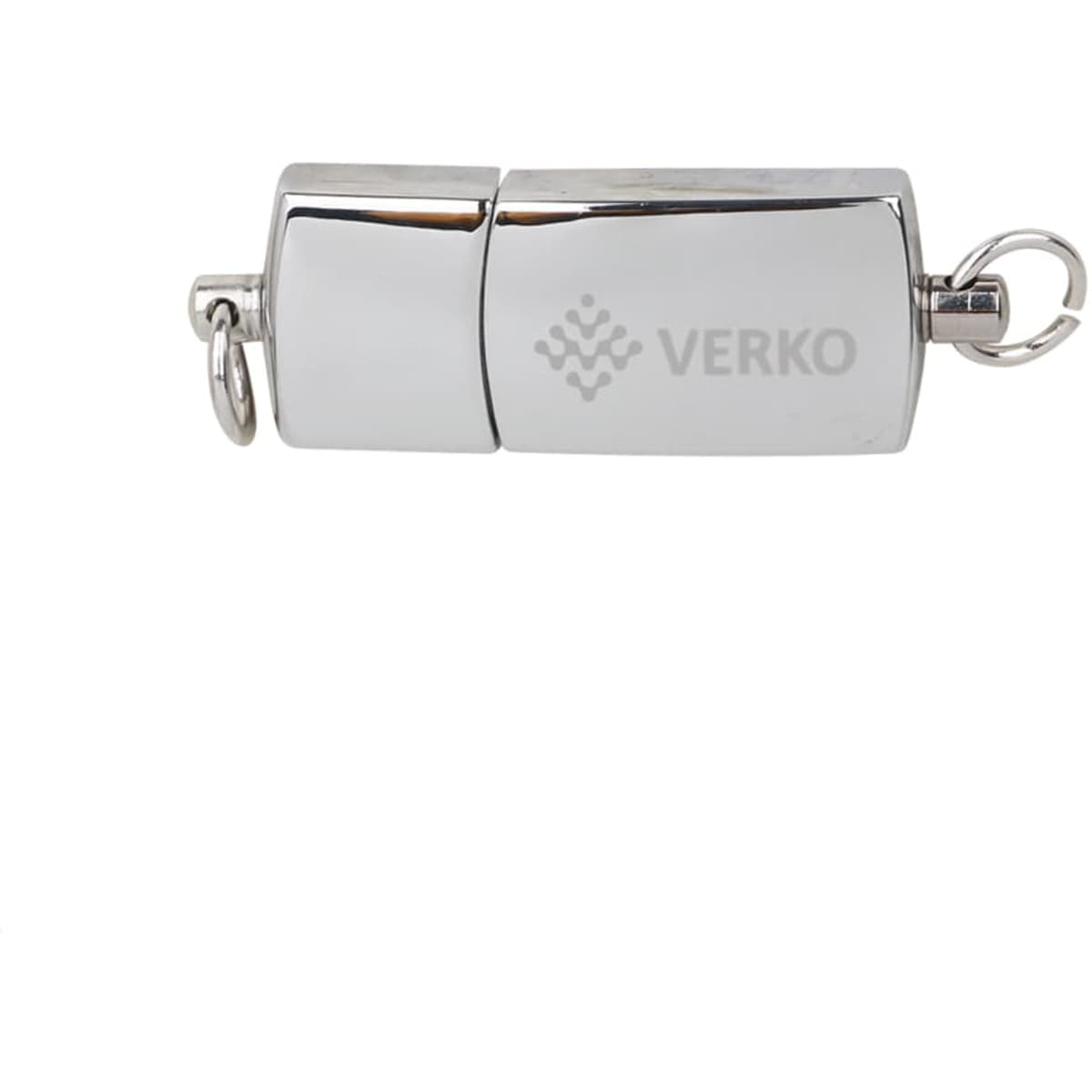 A shiny silver flash drive with a sleek design and a keyring attachment, featuring a logo.