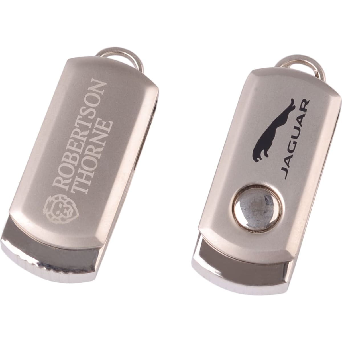 A silver flash drive featuring dual sides, one with a logo and the other plain.
