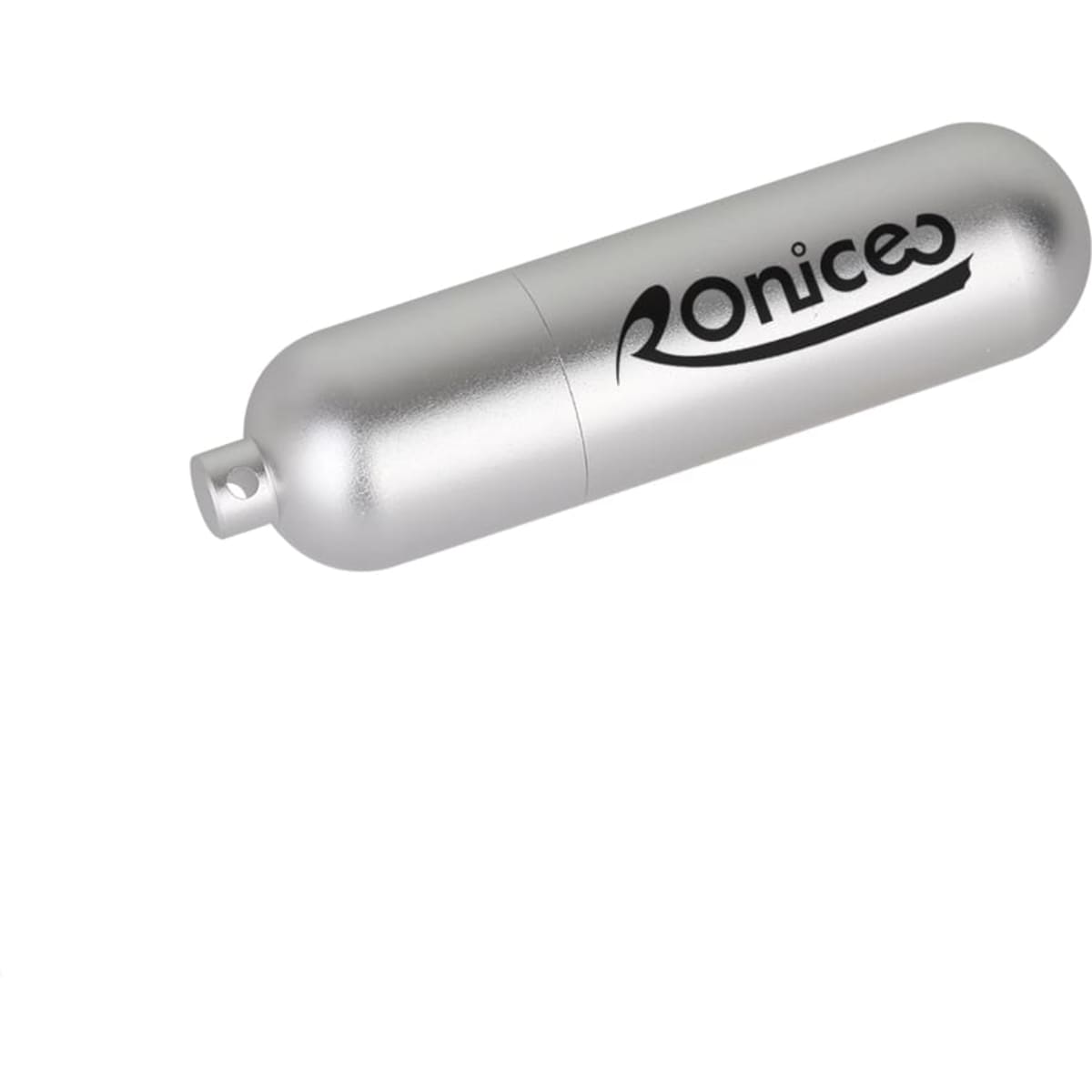 A silver metal tube flash drive with a logo, featuring a sleek and compact design.