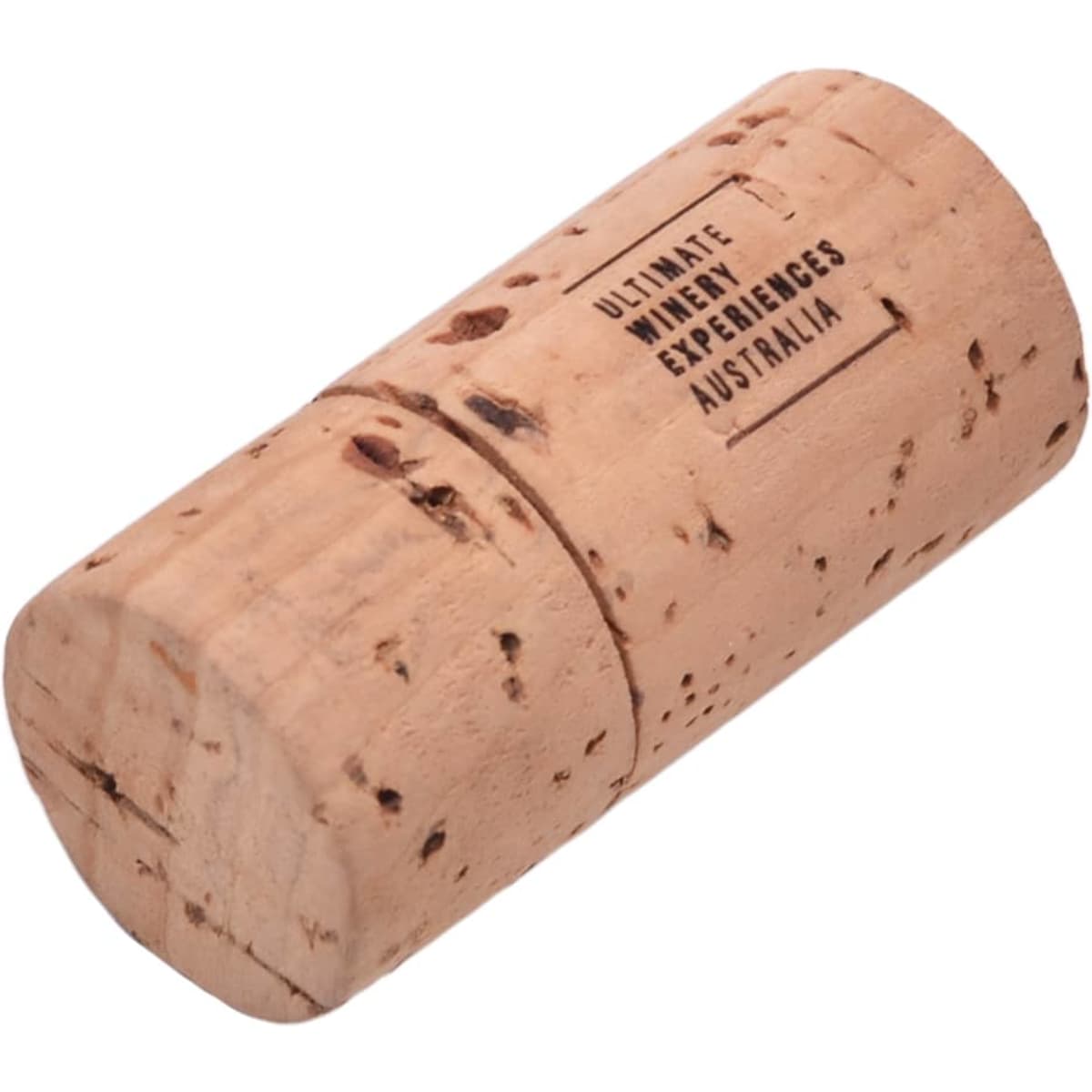 A cork-shaped flash drive in natural light brown, featuring a logo on its surface.