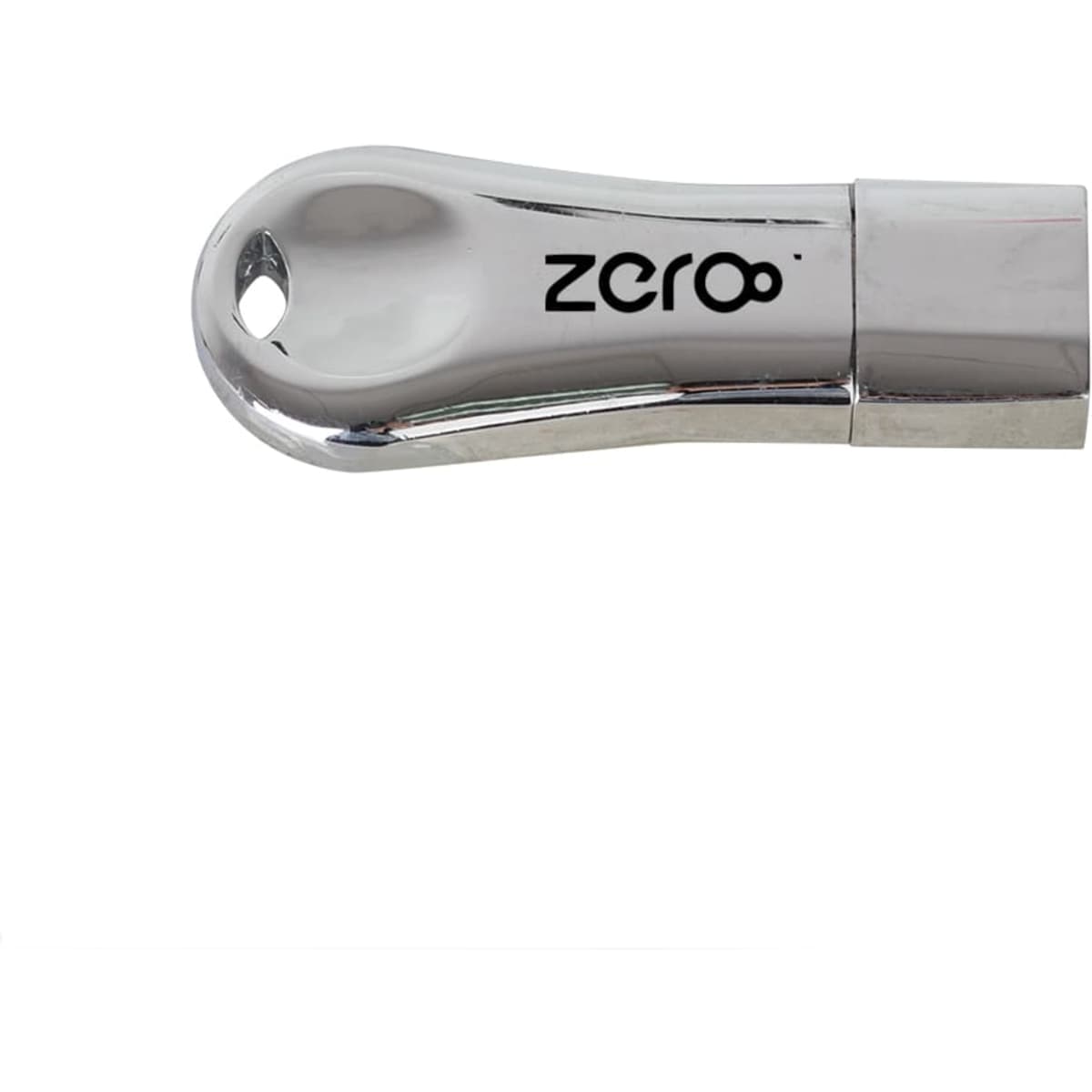 A silver flash drive with a rounded design and a logo on one side.
