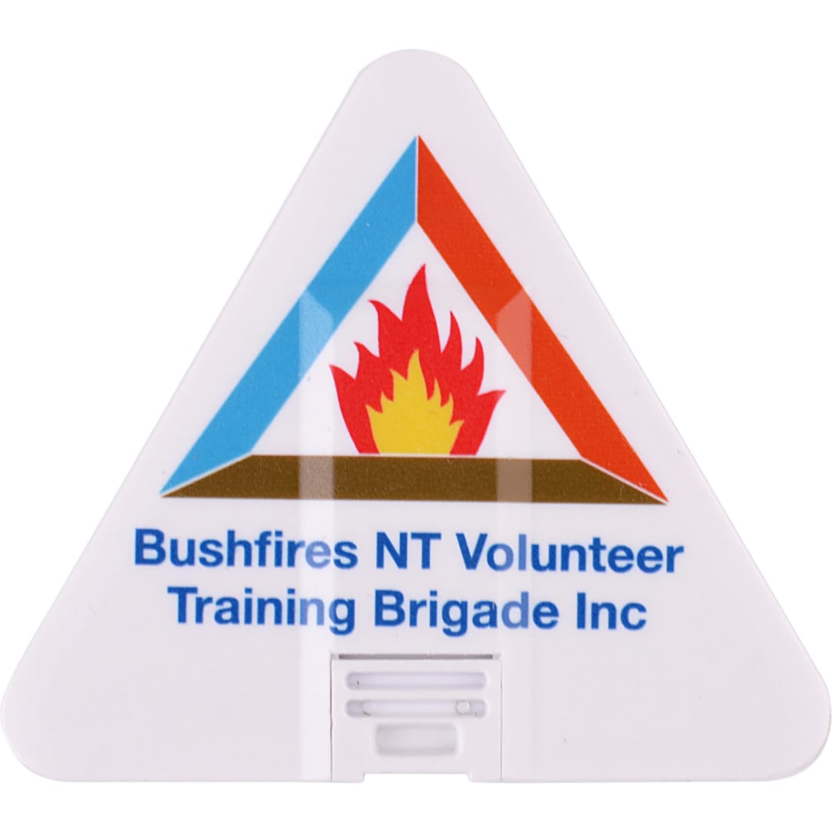 A triangular-shaped flash drive in white with a blue and red logo featuring a flame.