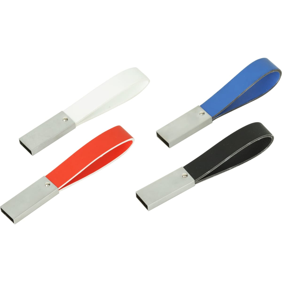 A set of four leather strap flash drives in white, red, blue, and black, each with a metal connector and logo.