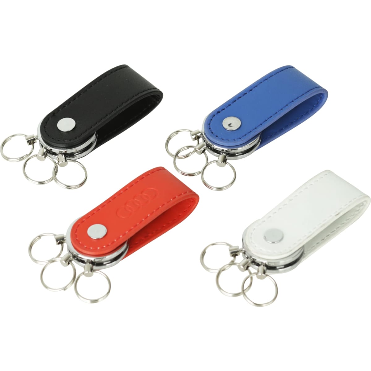 A PU leather swivel drive in black, blue, red, and white, featuring keychain rings and a shiny metal clasp.