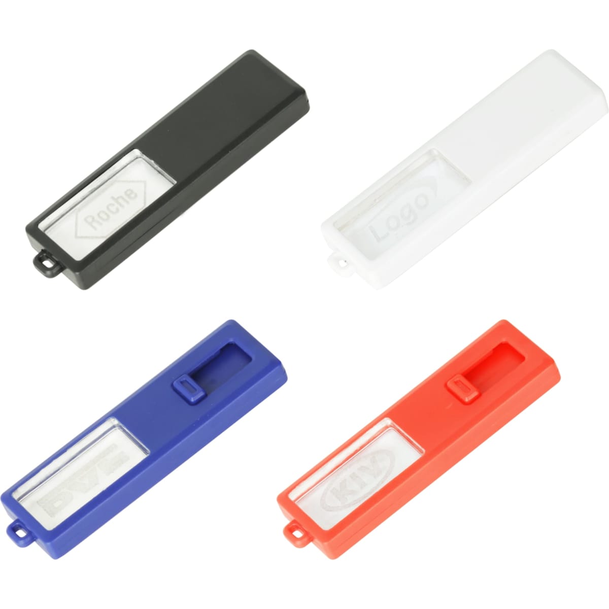 Four sliding acrylic flash drives in black, white, blue, and red, featuring windows for logos.