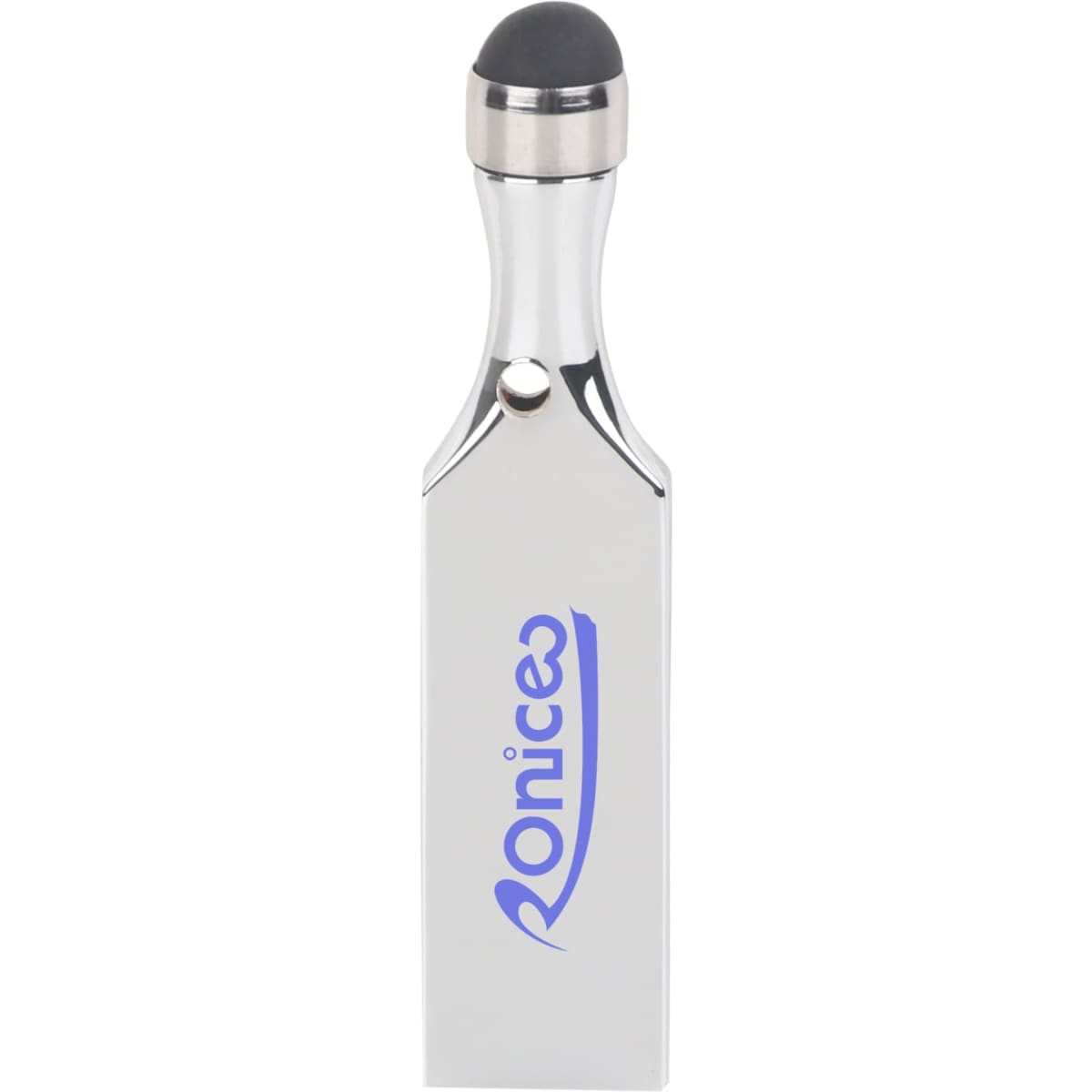 A silver touch pen USB flash drive with a rounded tip, featuring a branding logo.