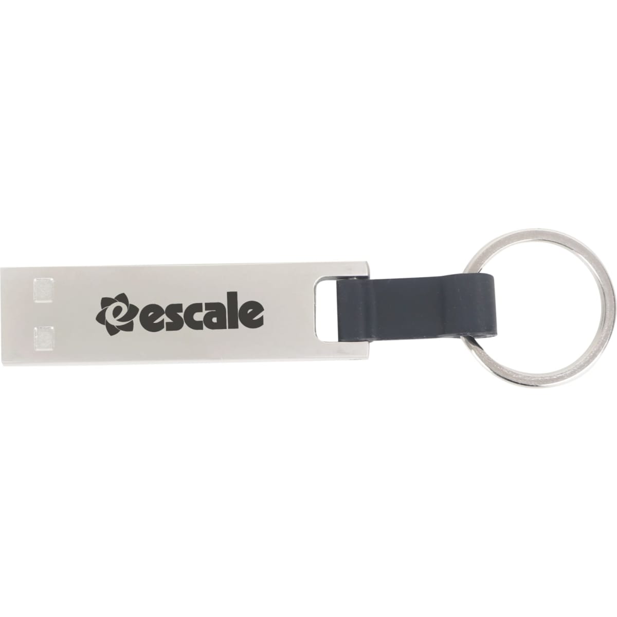 A silver mini flash drive keychain with a black rubber grip and a circular metal keyring. It features a logo.