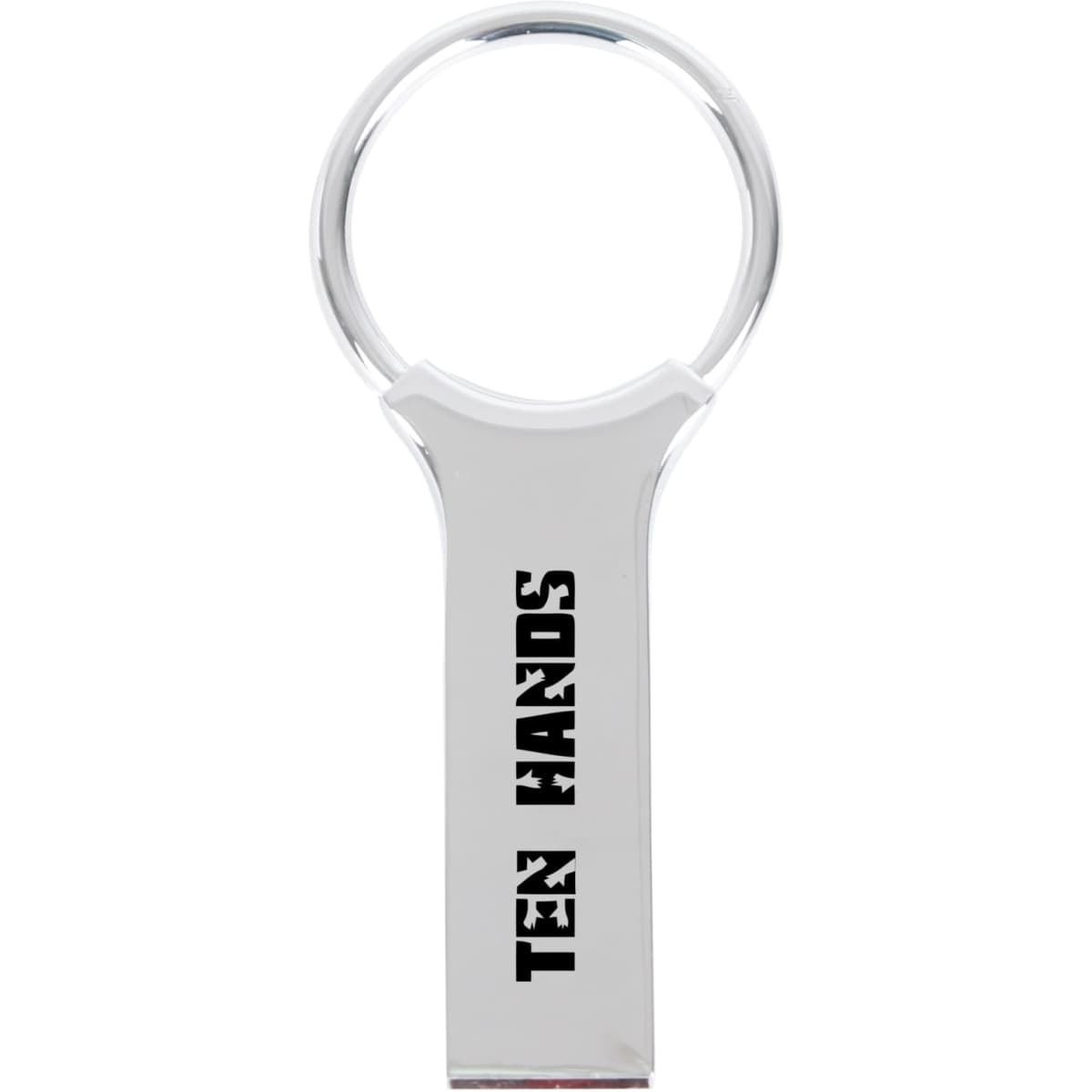 A silver keyring flash drive with a shiny finish and a keyring attachment. It features a logo on the body.