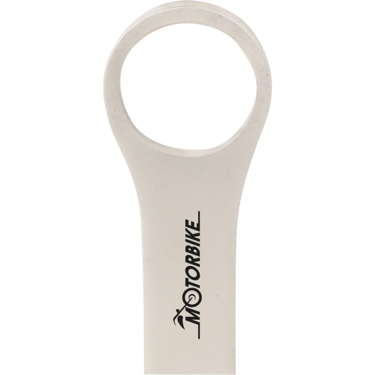 A silver USB flash drive with a circular grip and a logo on the side.