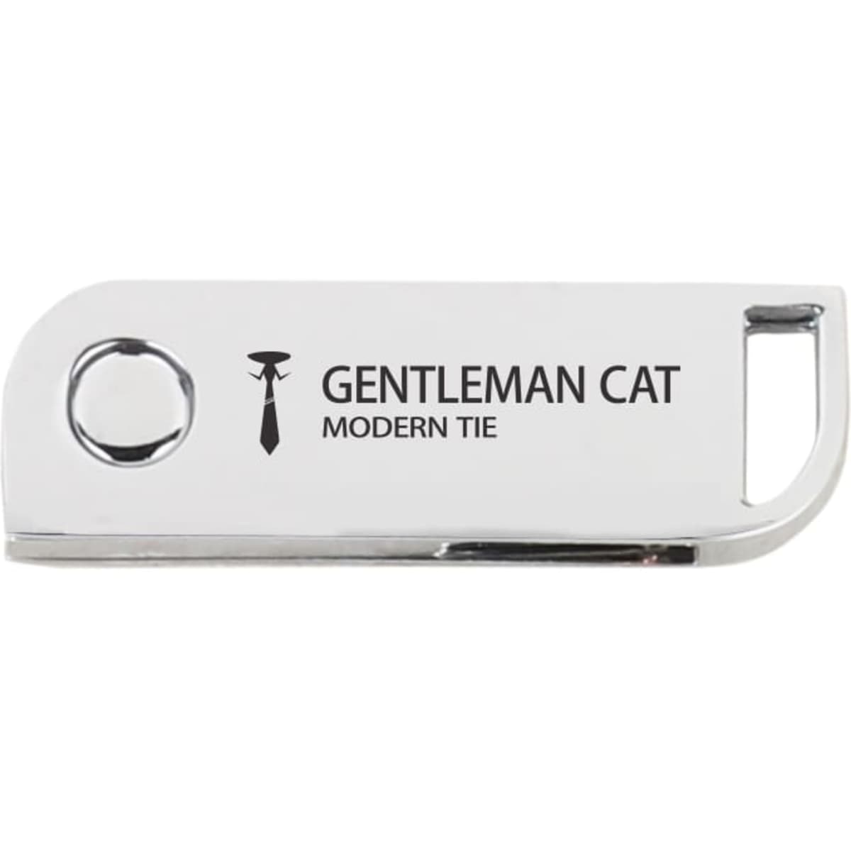 A silver metal swivel flash drive featuring a logo on one side. The design is sleek and modern.