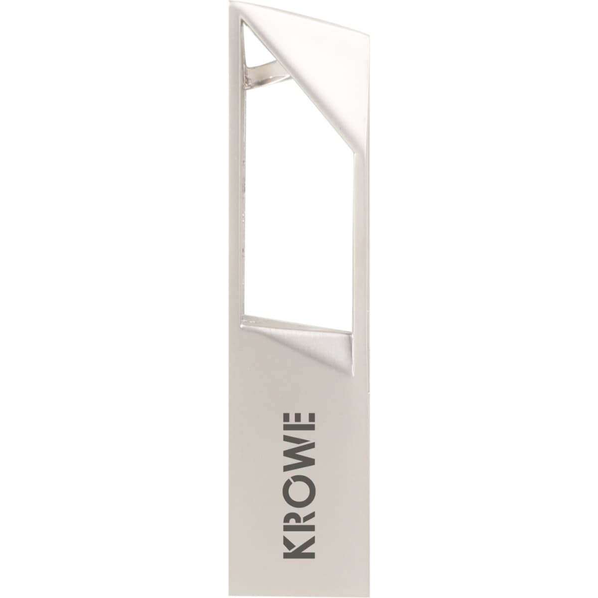 A portable metal flash drive in silver, featuring a sleek design and a logo on its side.