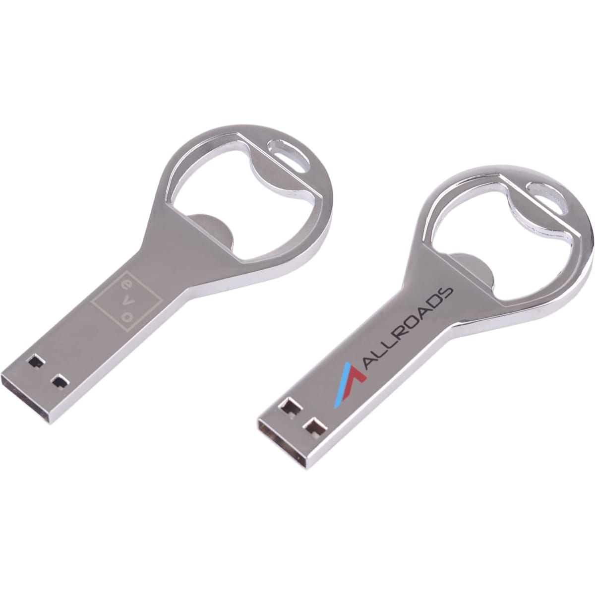 A drink bottle-shaped silver bottle opener and flash drive, featuring a logo on one side.