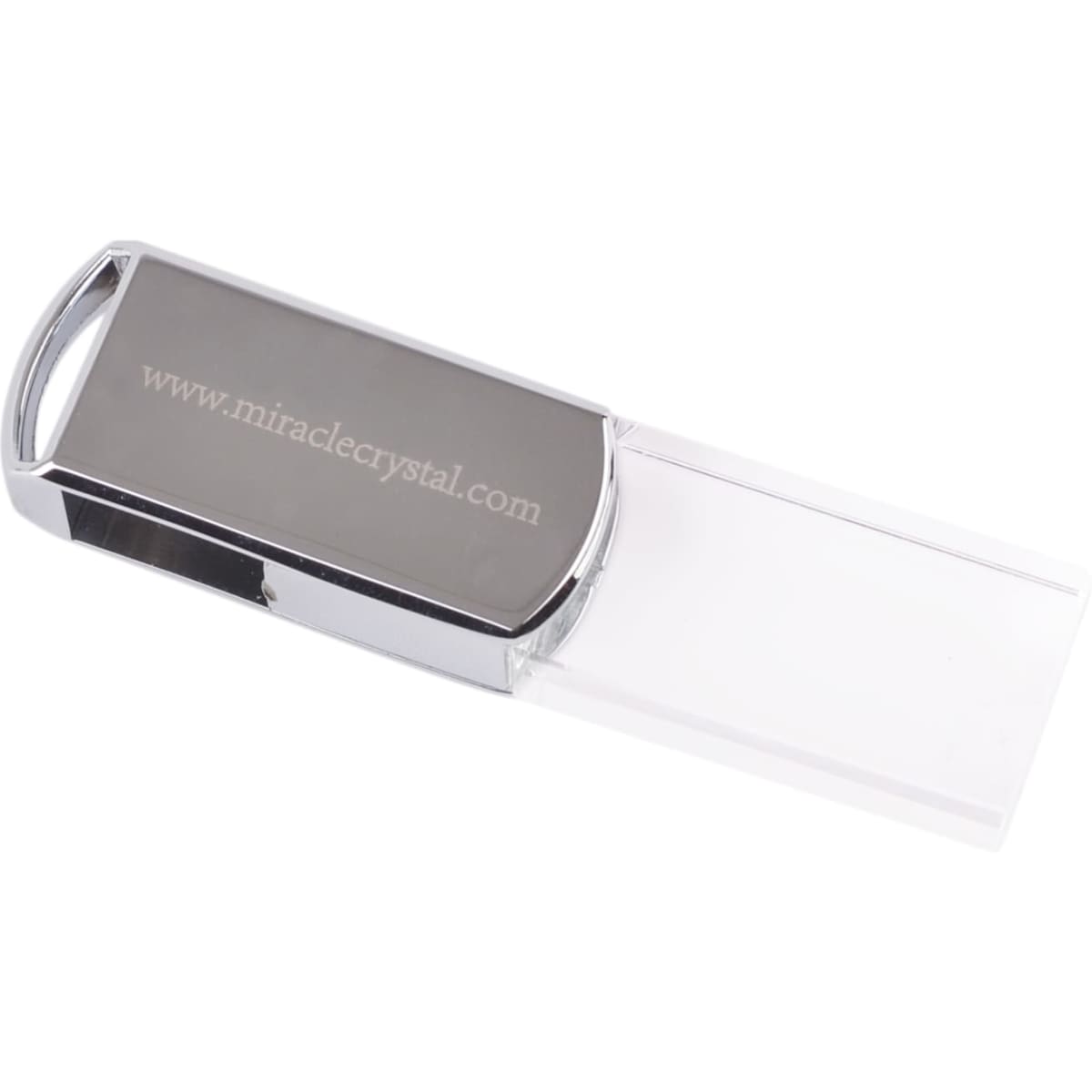 A sleek silver and clear swivel crystal flash drive with a branding logo and a transparent cover.