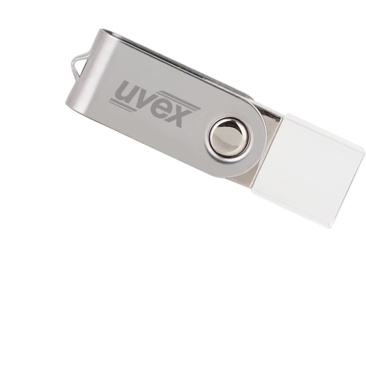 A silver mini swivel crystal flash drive with a clear cap and a logo on the side.