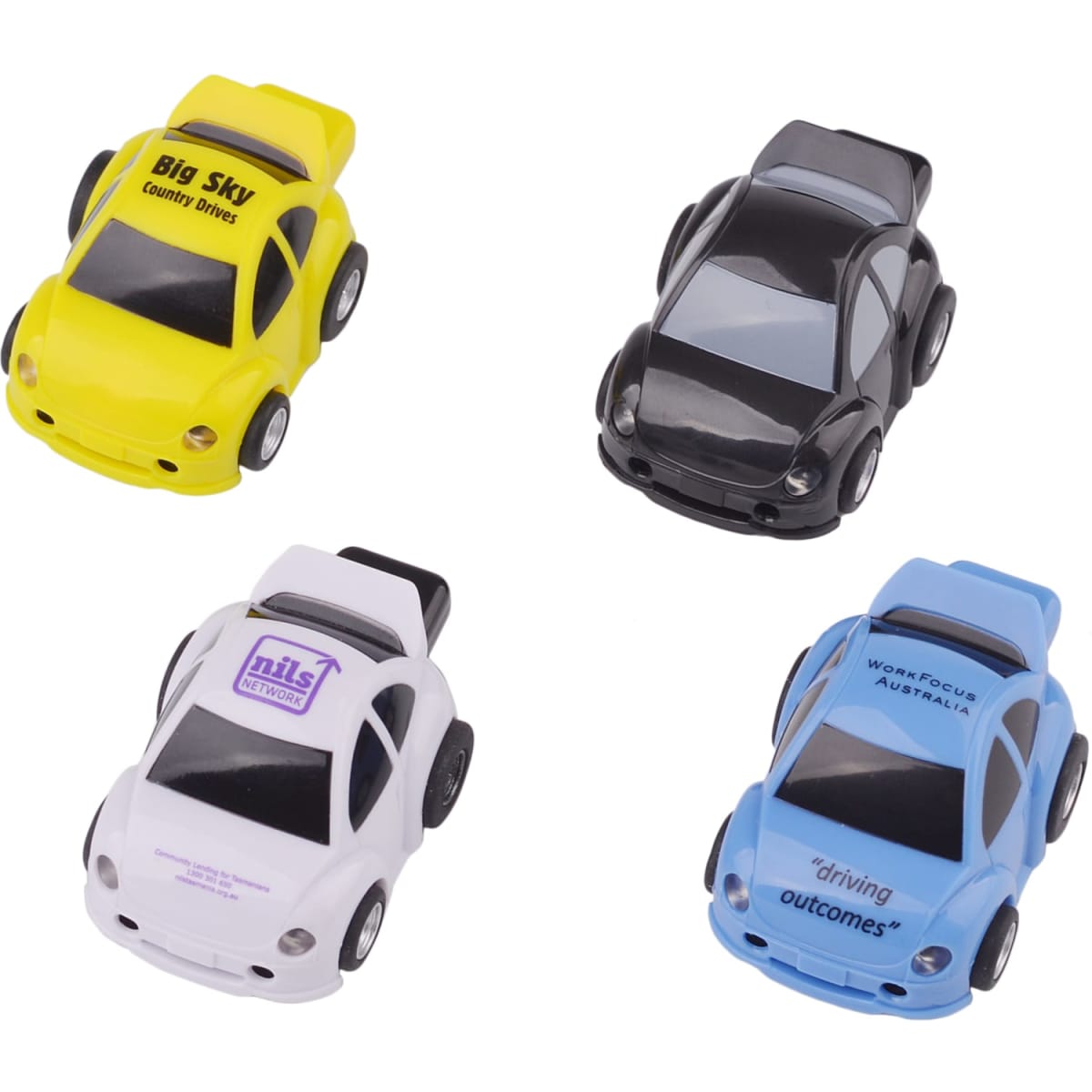 A set of four car-shaped flash drives in yellow, black, white, and blue, each featuring a logo on the top.