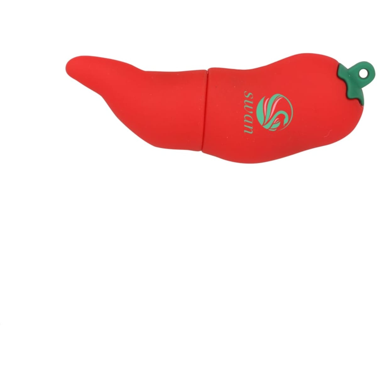 A red chilli-shaped flash drive with a green top and a logo.