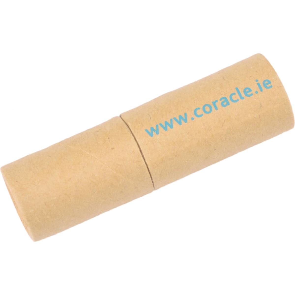 An eco-friendly flash drive with a cylindrical cardboard casing and a logo printed on it.