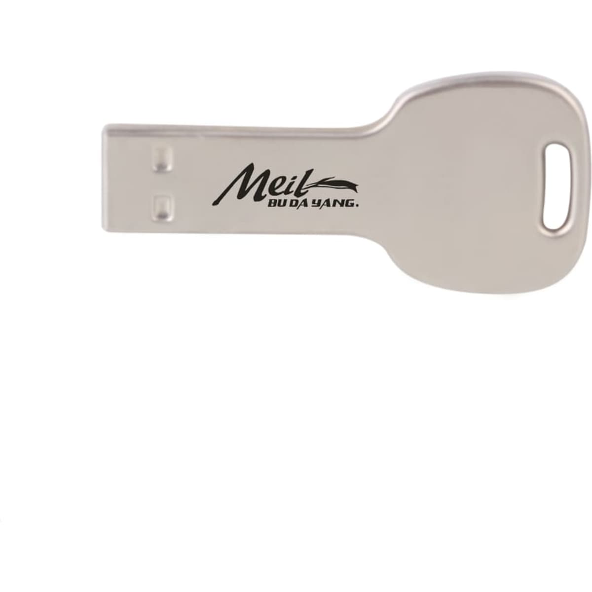 A round key flash drive in silver, featuring a logo on one side and a key-shaped design.