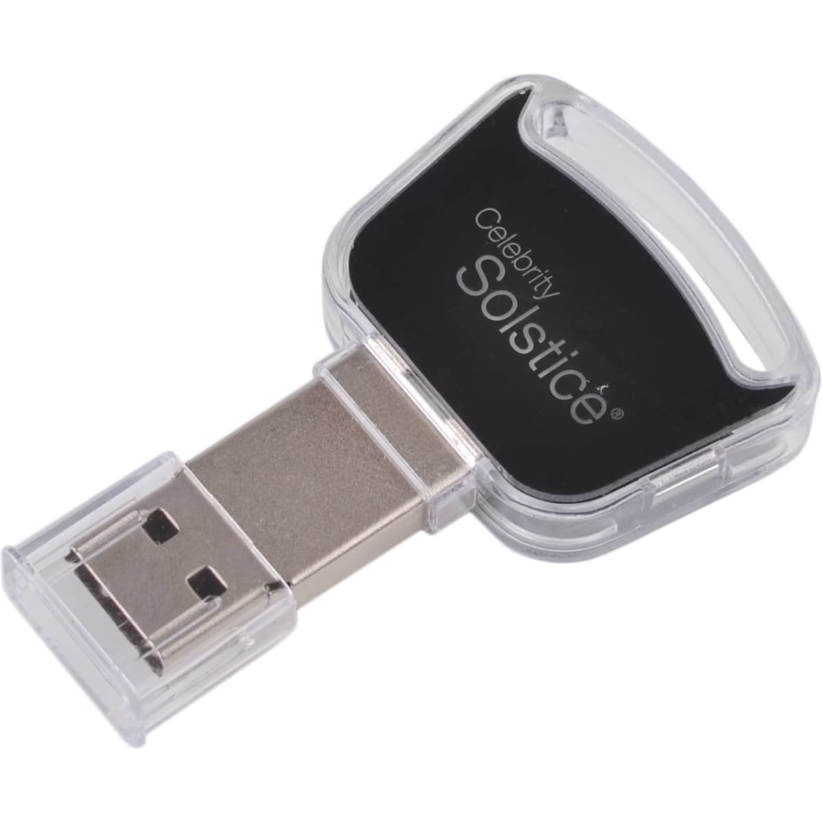 A transparent and black USB flash drive with a metal connector and a logo on the surface.
