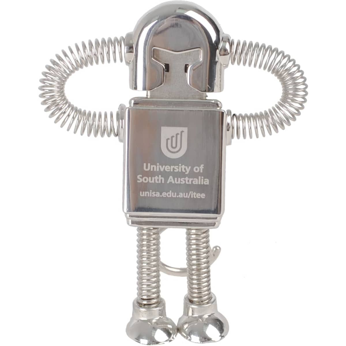 A metallic robot-shaped flash drive with spring-like arms and a logo on its body, featuring silver colour throughout.