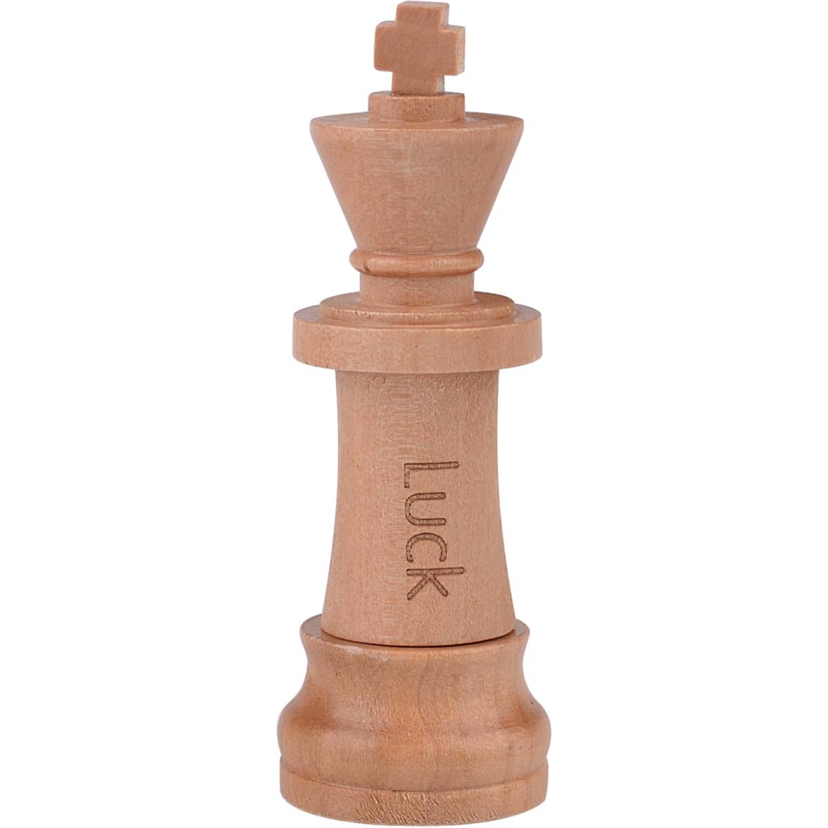 A wooden chess piece in the shape of a king, featuring a cross on top and engraved text, displayed against a white background.