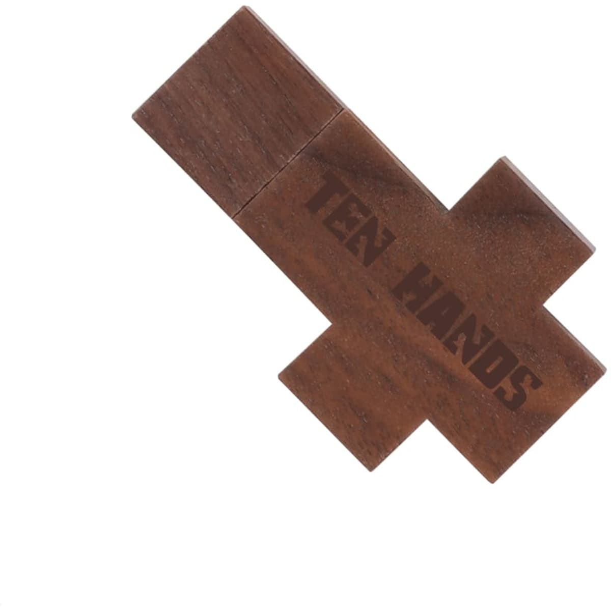 A wooden flash drive shaped like a cross, featuring a dark brown finish and a branding logo.