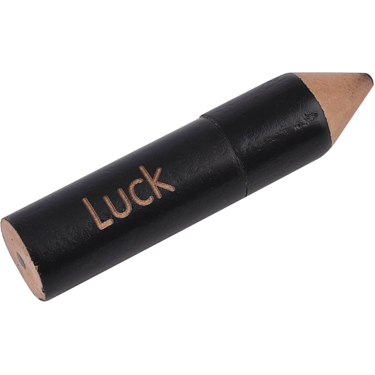 A black pencil-shaped flash drive with a pointed end, featuring a light brown tip and an engraved word.