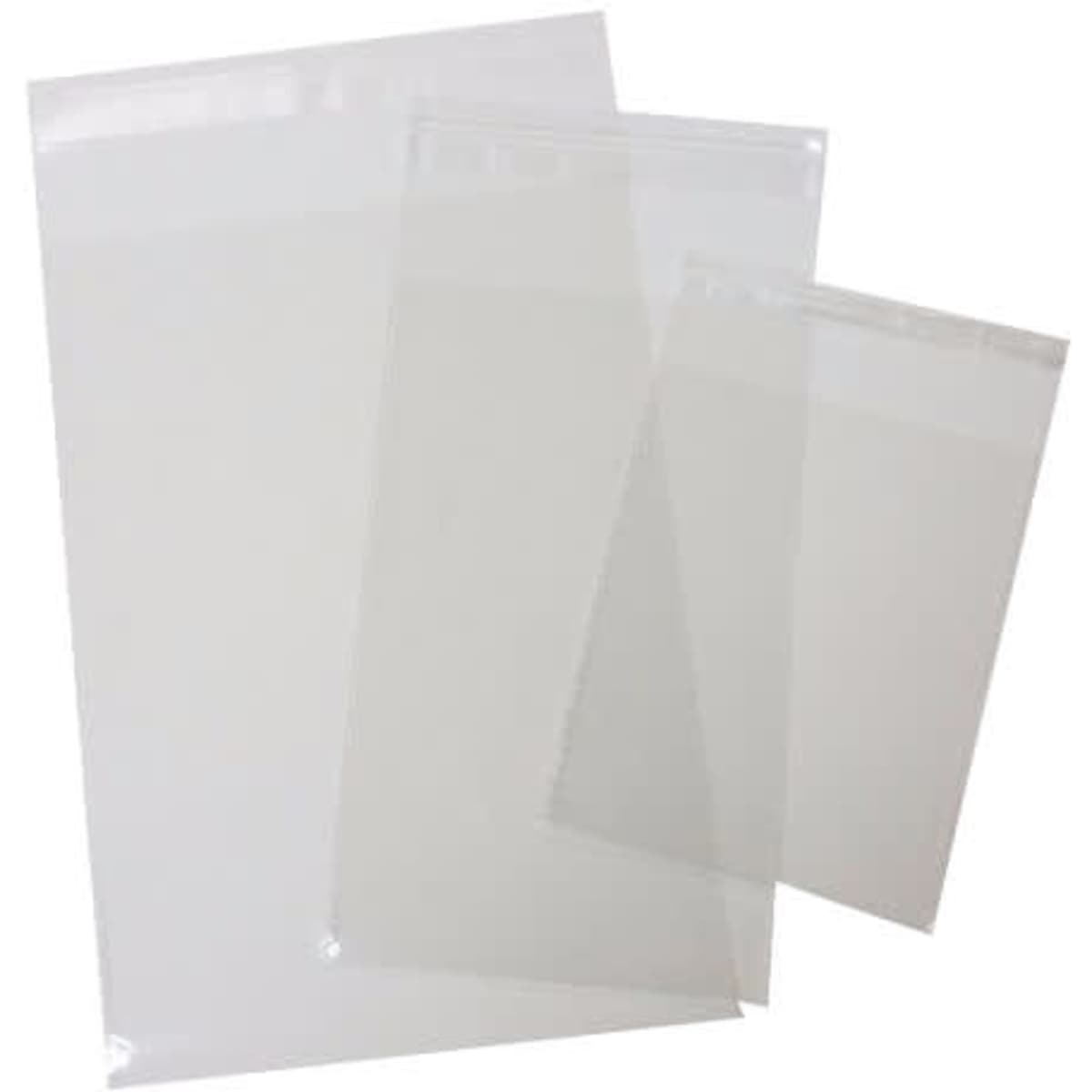 A set of transparent plastic Opp Bags in various sizes, featuring a sealable top.