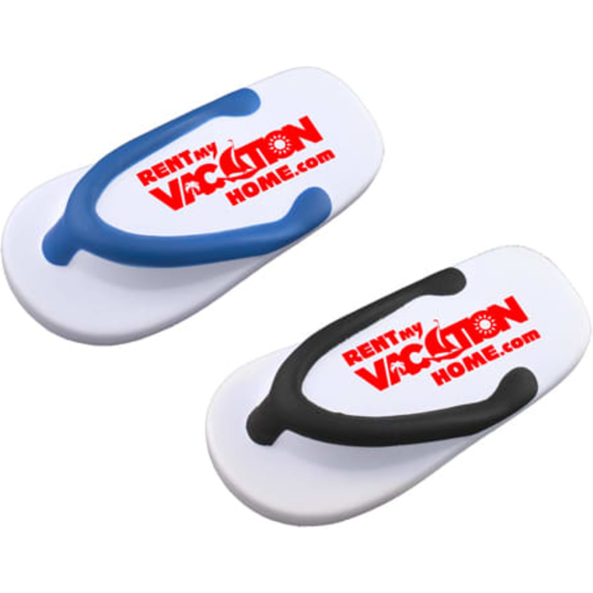 A pair of flip-flop shaped stress relievers in white with blue and black accents, featuring a logo.