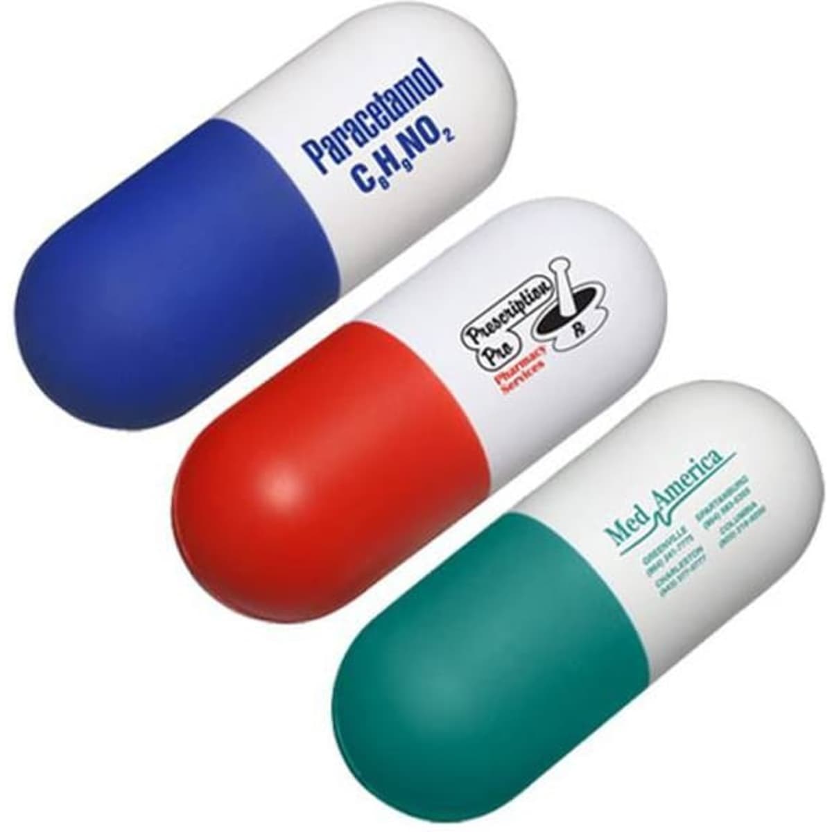 A capsule-shaped stress reliever in blue, red, and green, featuring a logo on the surface.