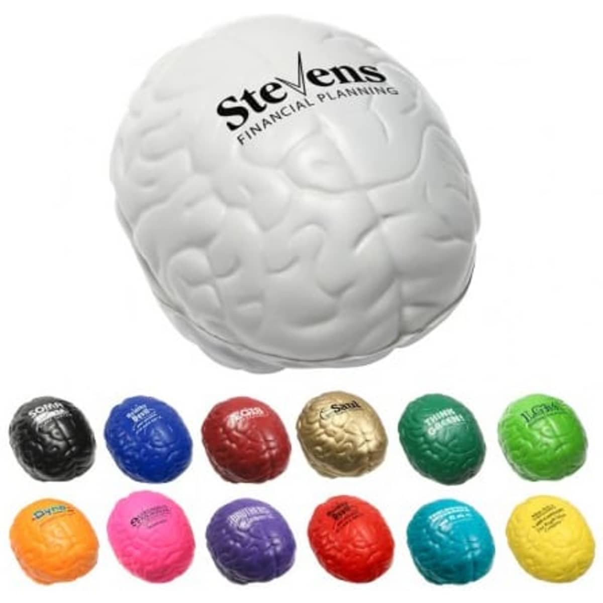 A white brain-shaped stress reliever is featured alongside various colourful brain-shaped stress relievers in multiple hues.