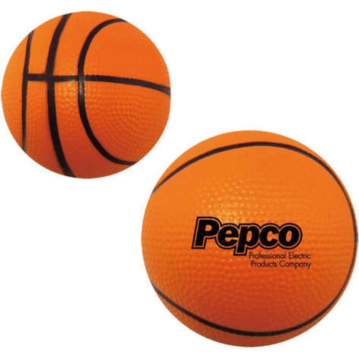 An orange basketball-shaped stress reliever with textured surface and a logo.