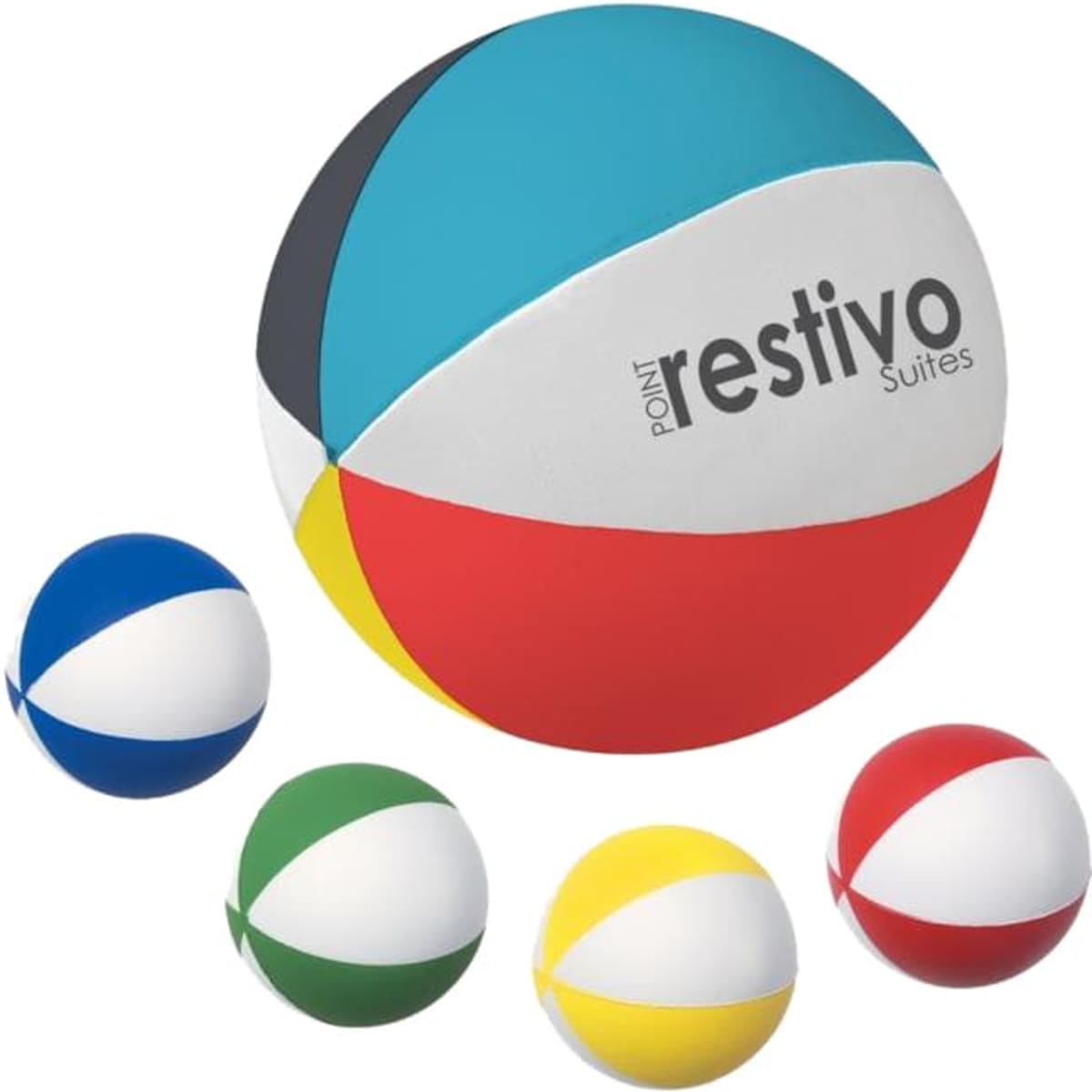 A set of five stress balls in beach ball shapes, featuring colours of blue, green, yellow, red, and white.