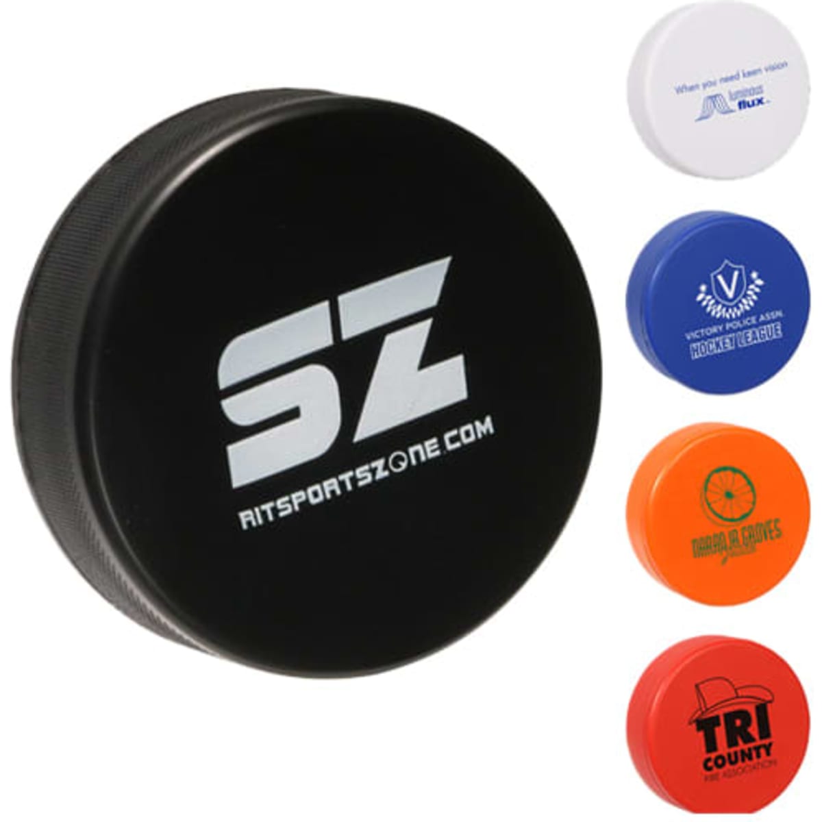 A black hockey puck shape stress reliever with a logo, accompanied by blue, orange, and red stress relievers.