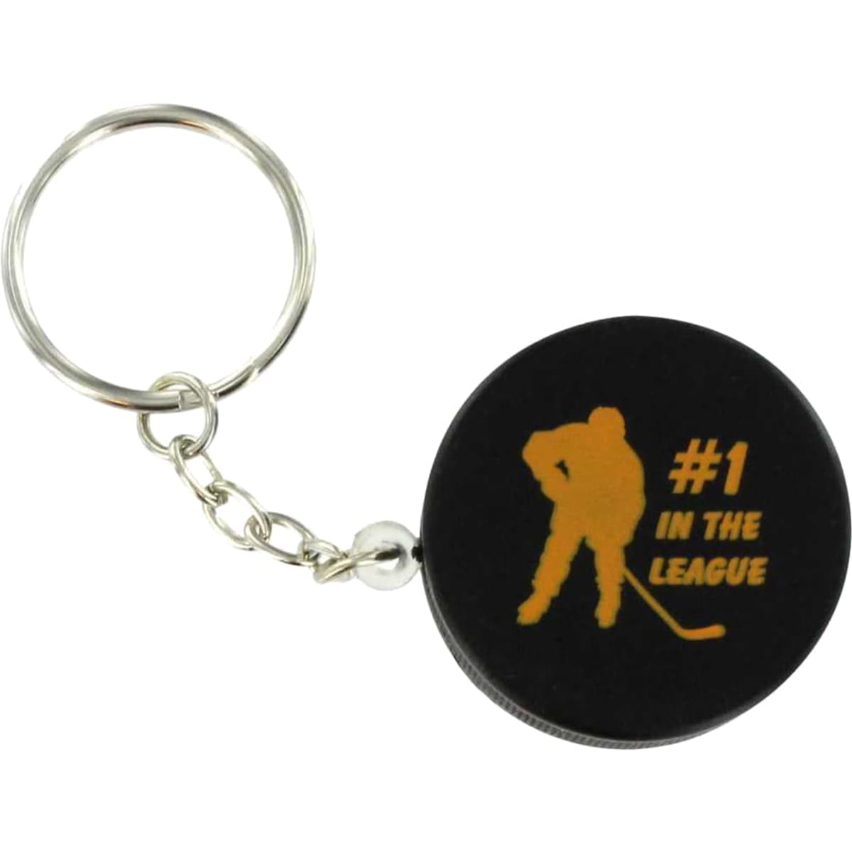 A black hockey puck stress reliever attached to a keyring, featuring a silhouette of a hockey player and text.