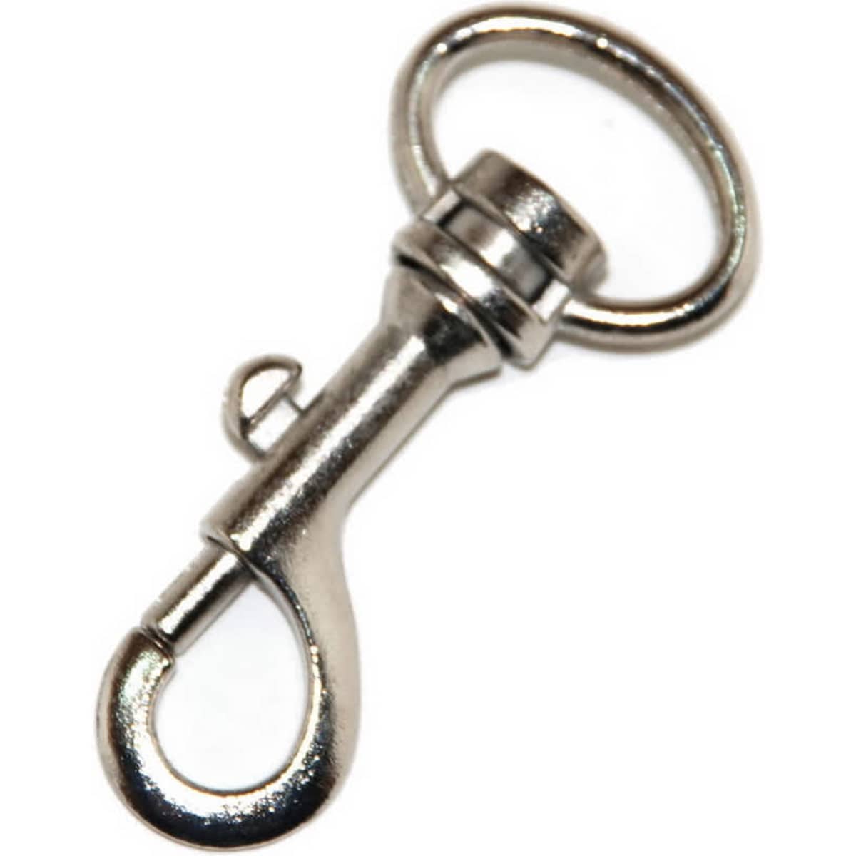 A silver swivel snap hook with a circular ring at the top. The metal has a shiny finish.