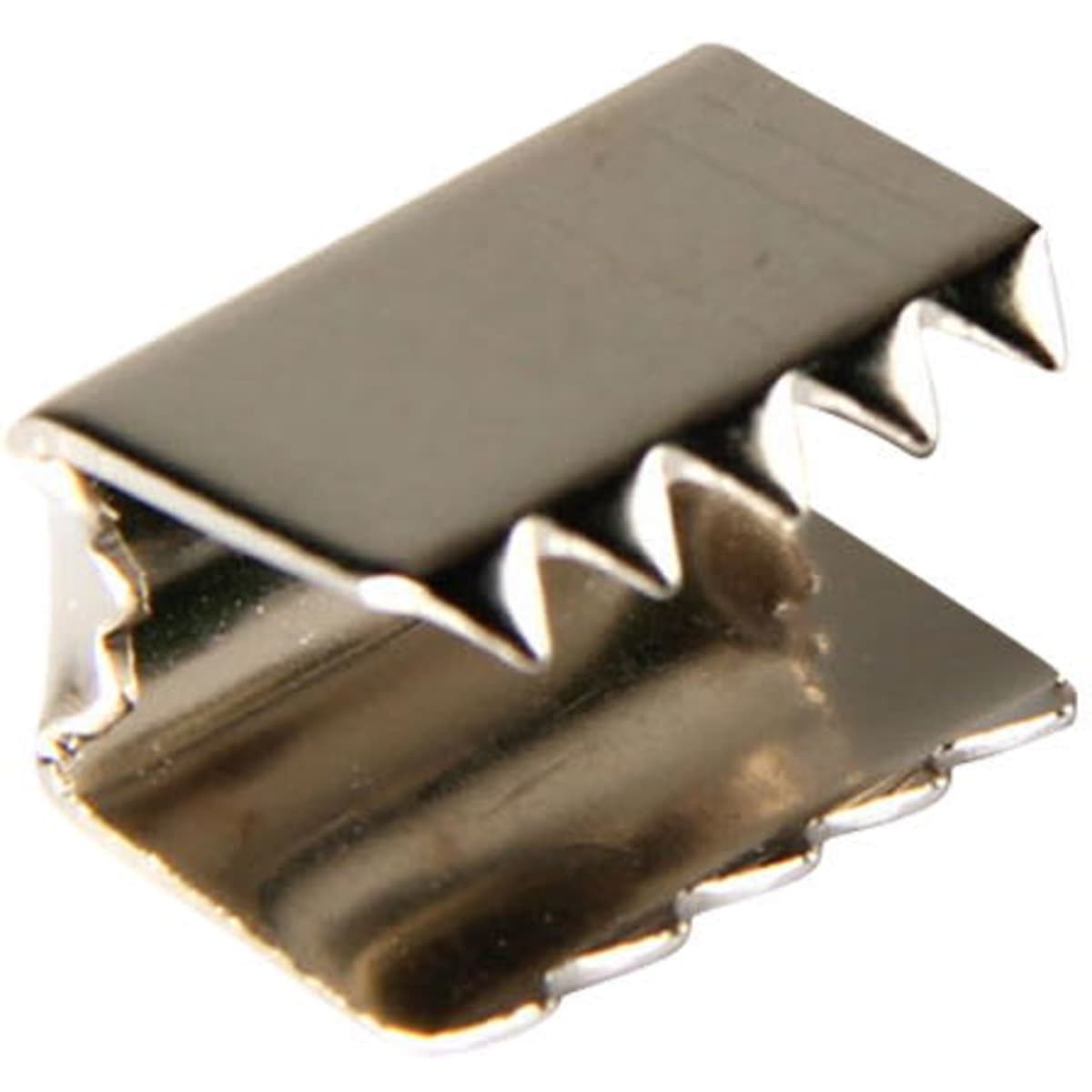 A silver metal clamp featuring a serrated grip along the edges. It has a shiny, reflective surface.