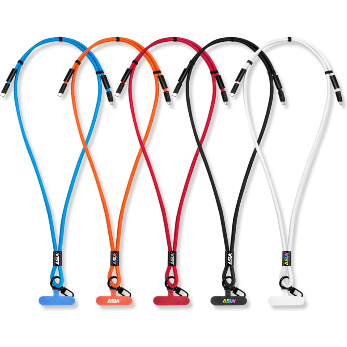 A collection of five 60W Charging Phone Lanyards in blue, orange, red, black, and white, each with a logo.