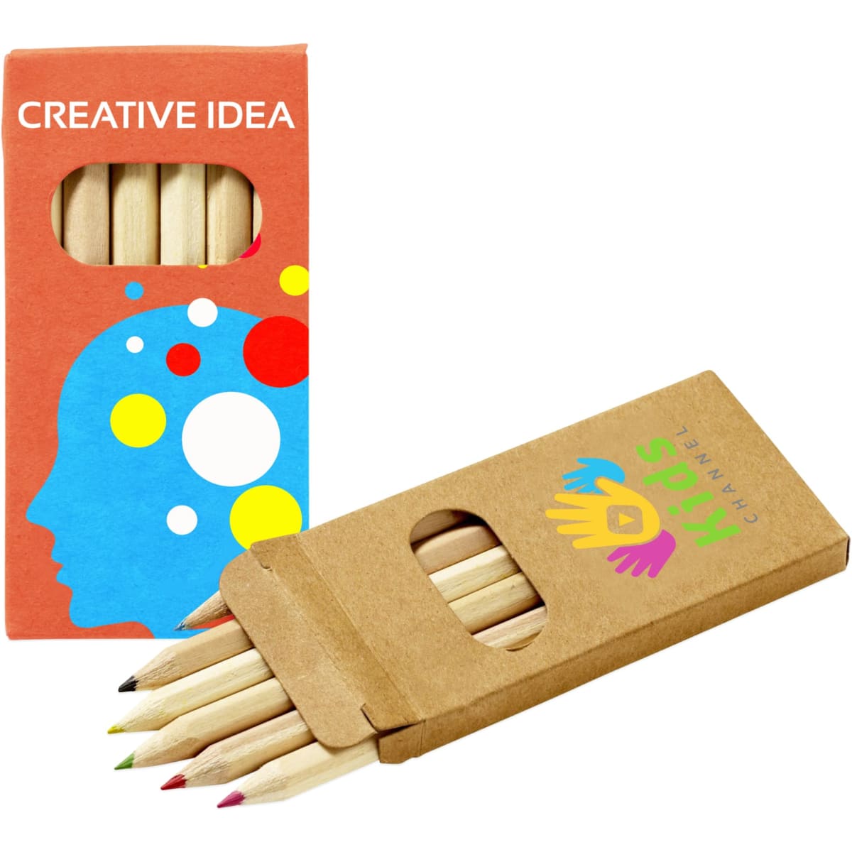 A set of coloured pencils in a cardboard box, featuring vibrant colours and a logo on the packaging.